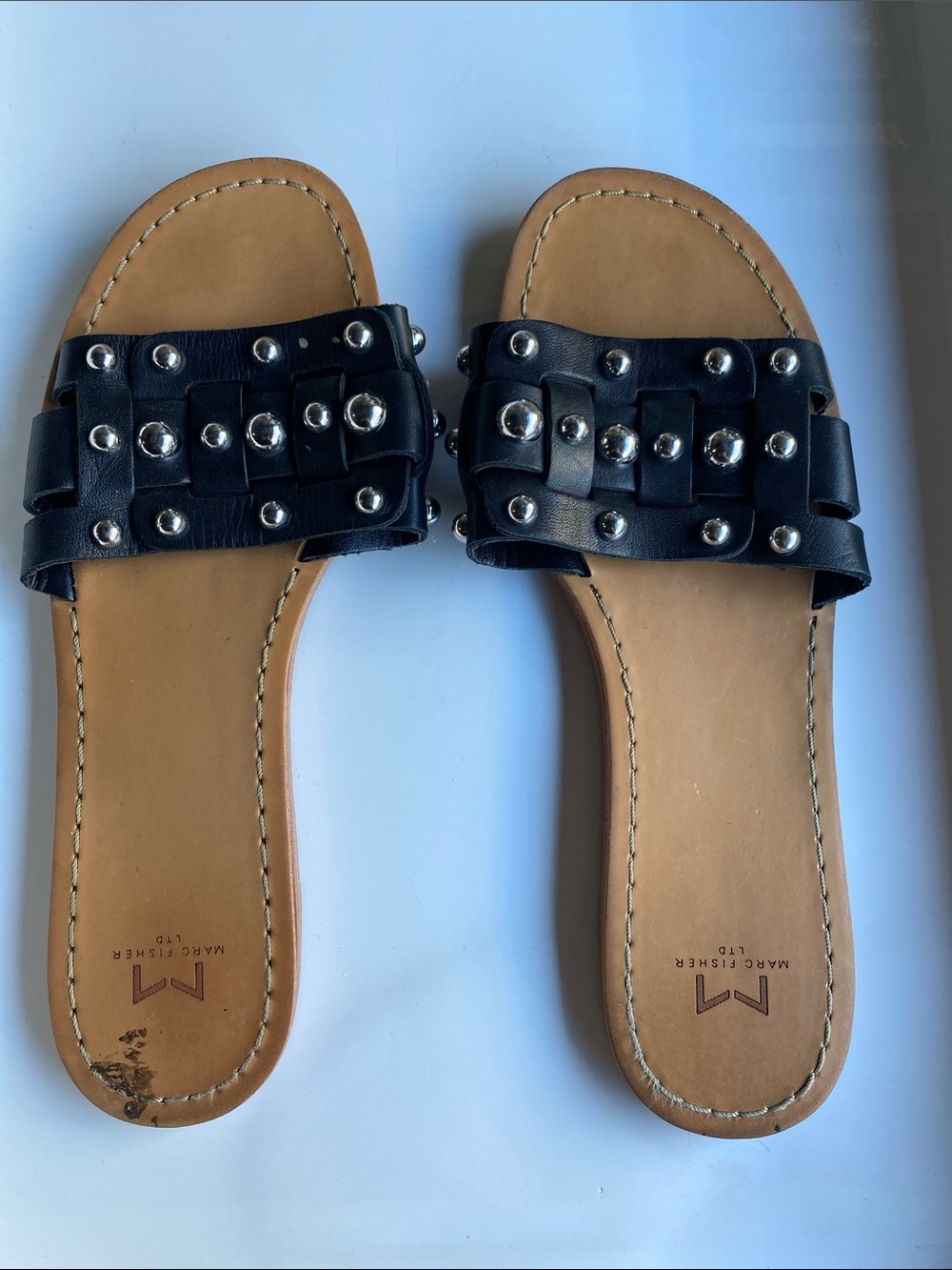 Marc Fisher Black Leather Slide Sandals with Silver Studs